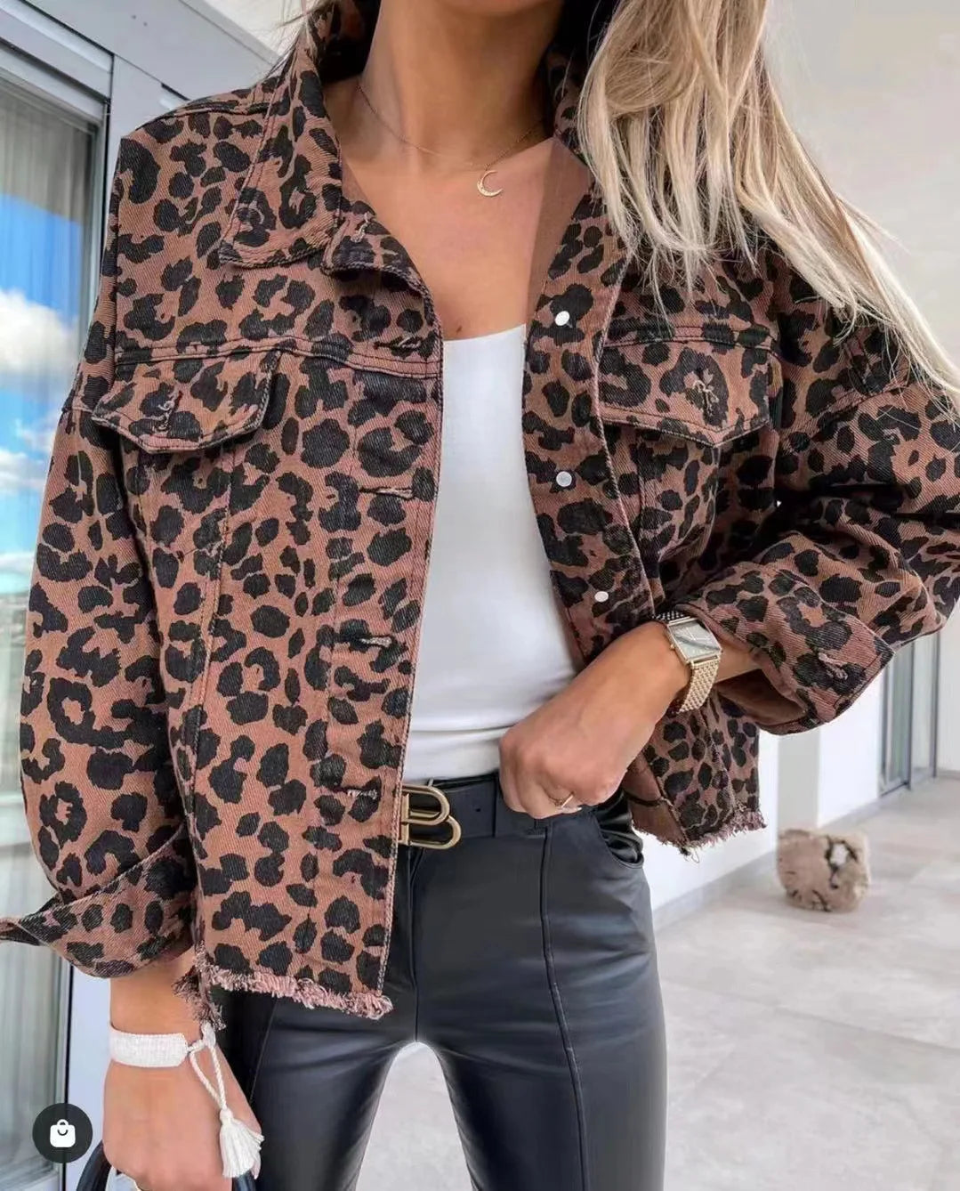 Casaco jeans vintage de leopardo para mulheres