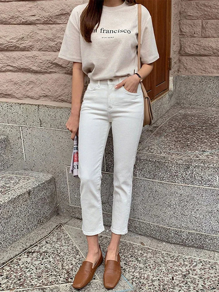 Calças jeans de algodão mulheres estiramento