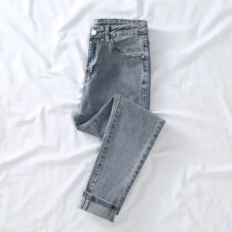 Lavagem leve 4 cores jeans feminino elegante senhora magro ajuste lápis calças novo estilo 2025 moda casual calças de cintura alta