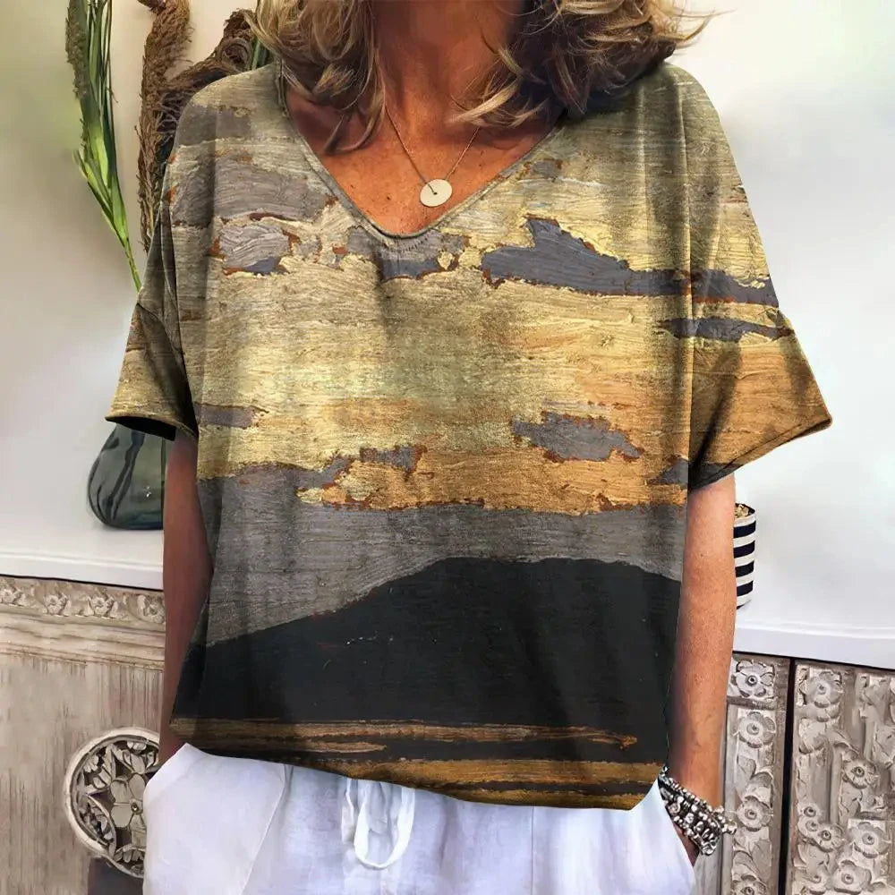 Camiseta xadrez com gola V feminina, moletom casua
