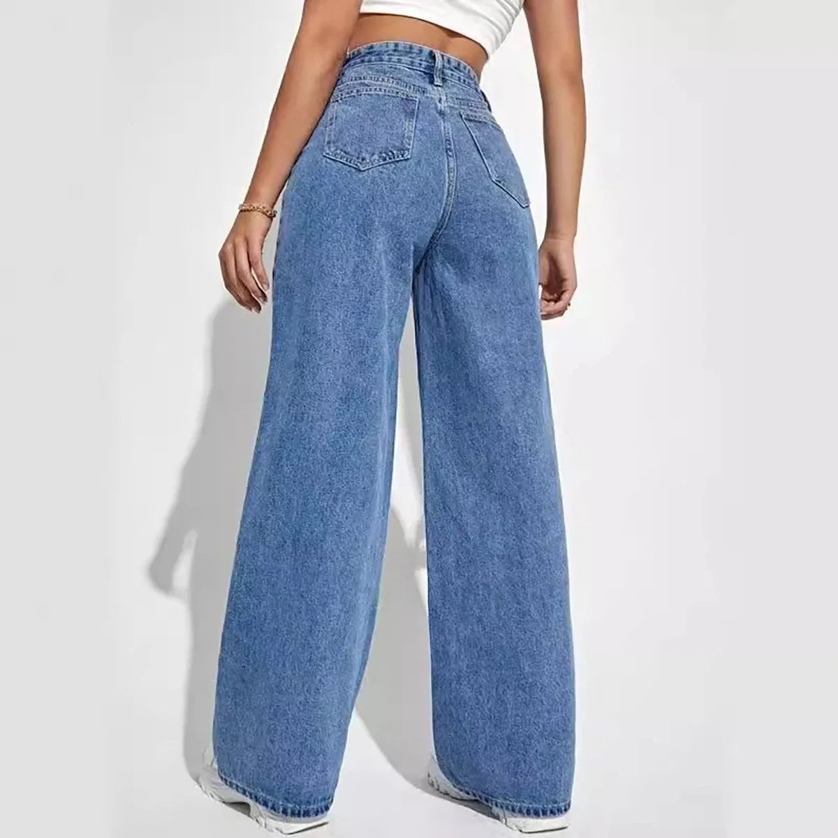 Calça jeans azul retrô da moda feminina