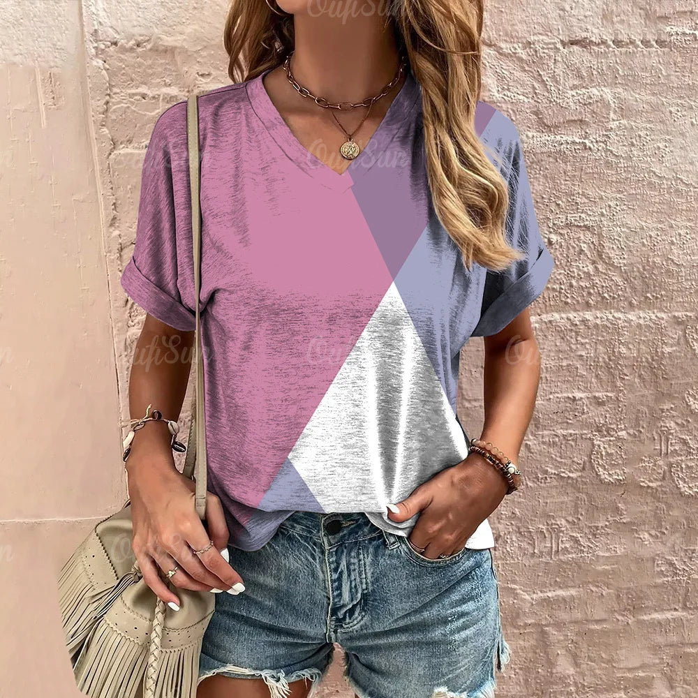 Camiseta xadrez com gola V feminina, moletom casua
