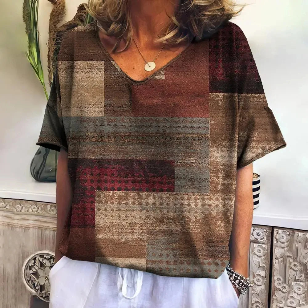 Camiseta xadrez com gola V feminina, moletom casua