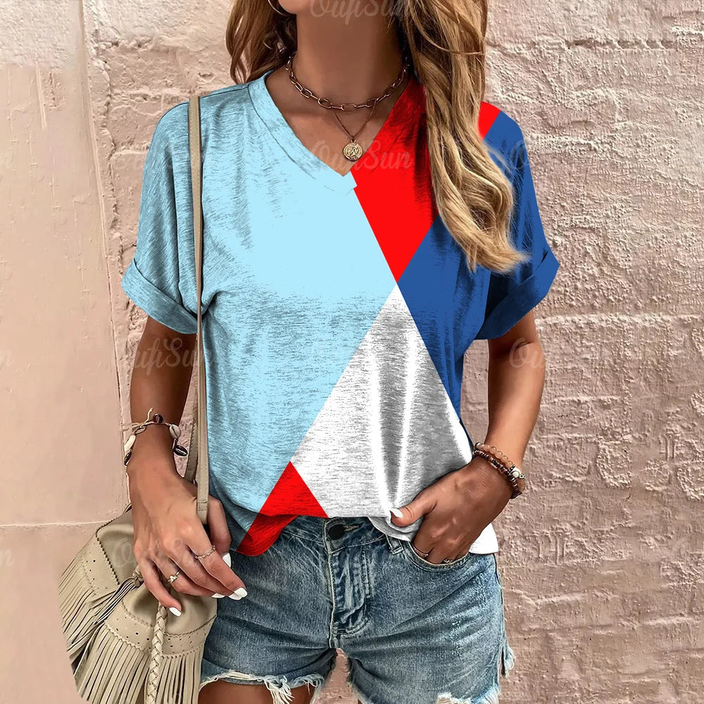 Camiseta xadrez com gola V feminina, moletom casua