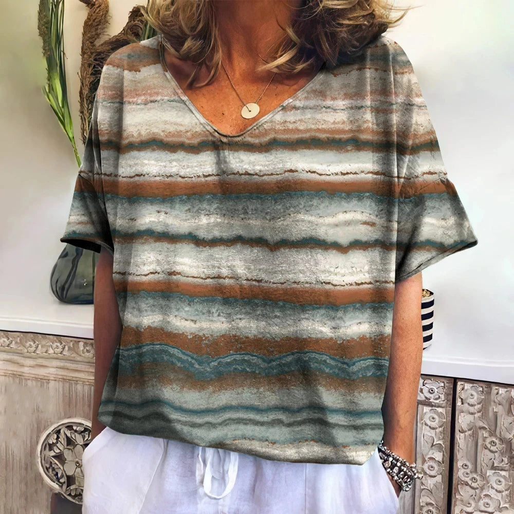 Camiseta xadrez com gola V feminina, moletom casua