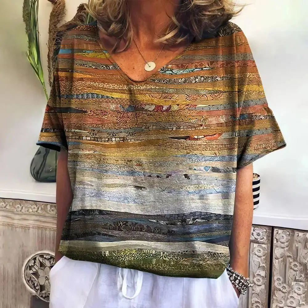 Camiseta xadrez com gola V feminina, moletom casua