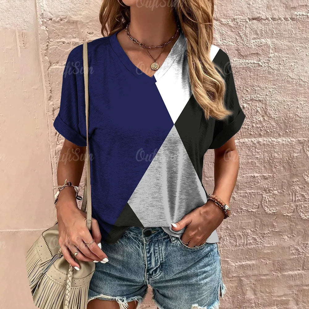 Camiseta xadrez com gola V feminina, moletom casua