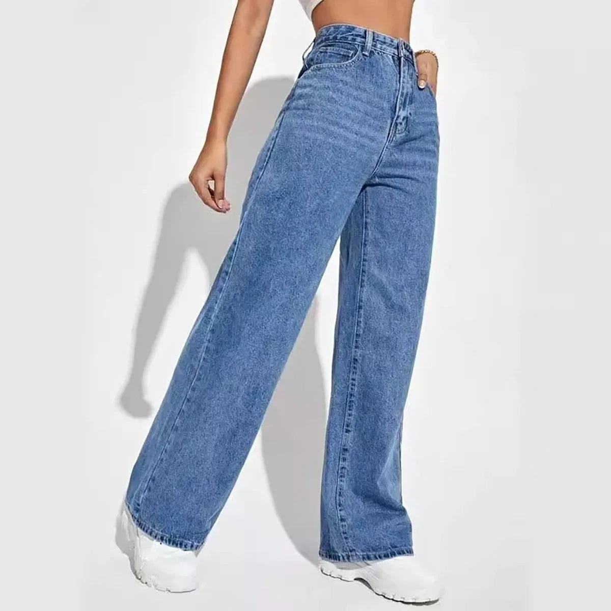 Calça jeans azul retrô da moda feminina