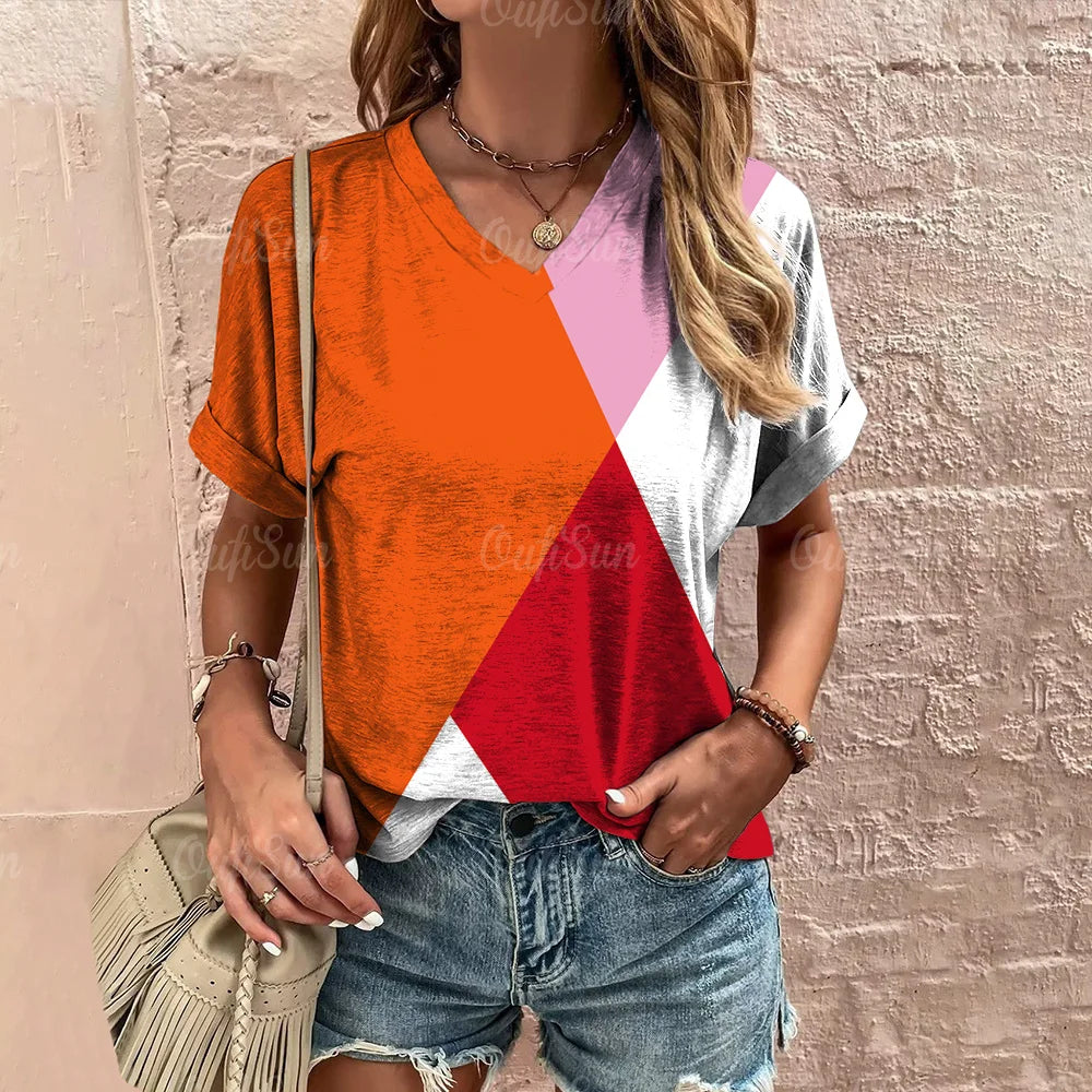 Camiseta xadrez com gola V feminina, moletom casua