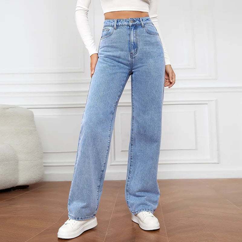 Calça jeans azul retrô da moda feminina