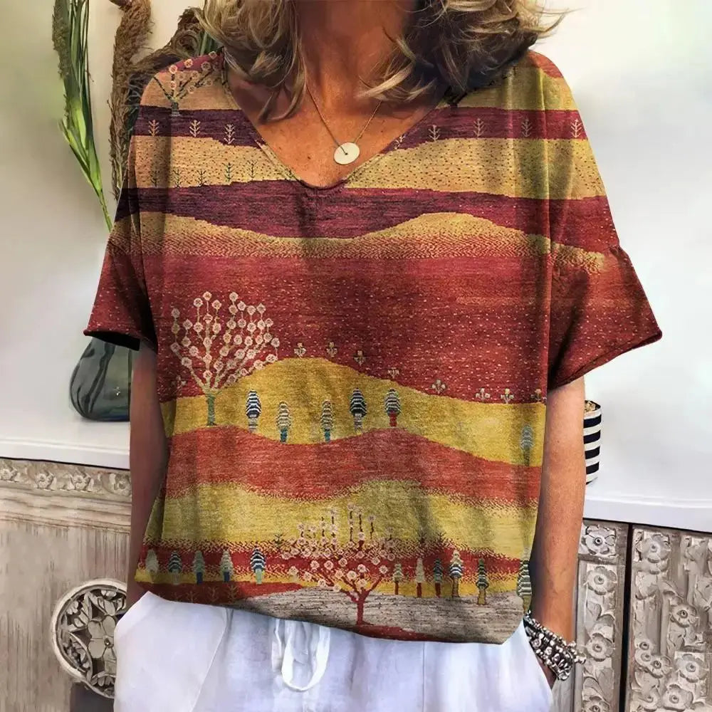 Camiseta xadrez com gola V feminina, moletom casua