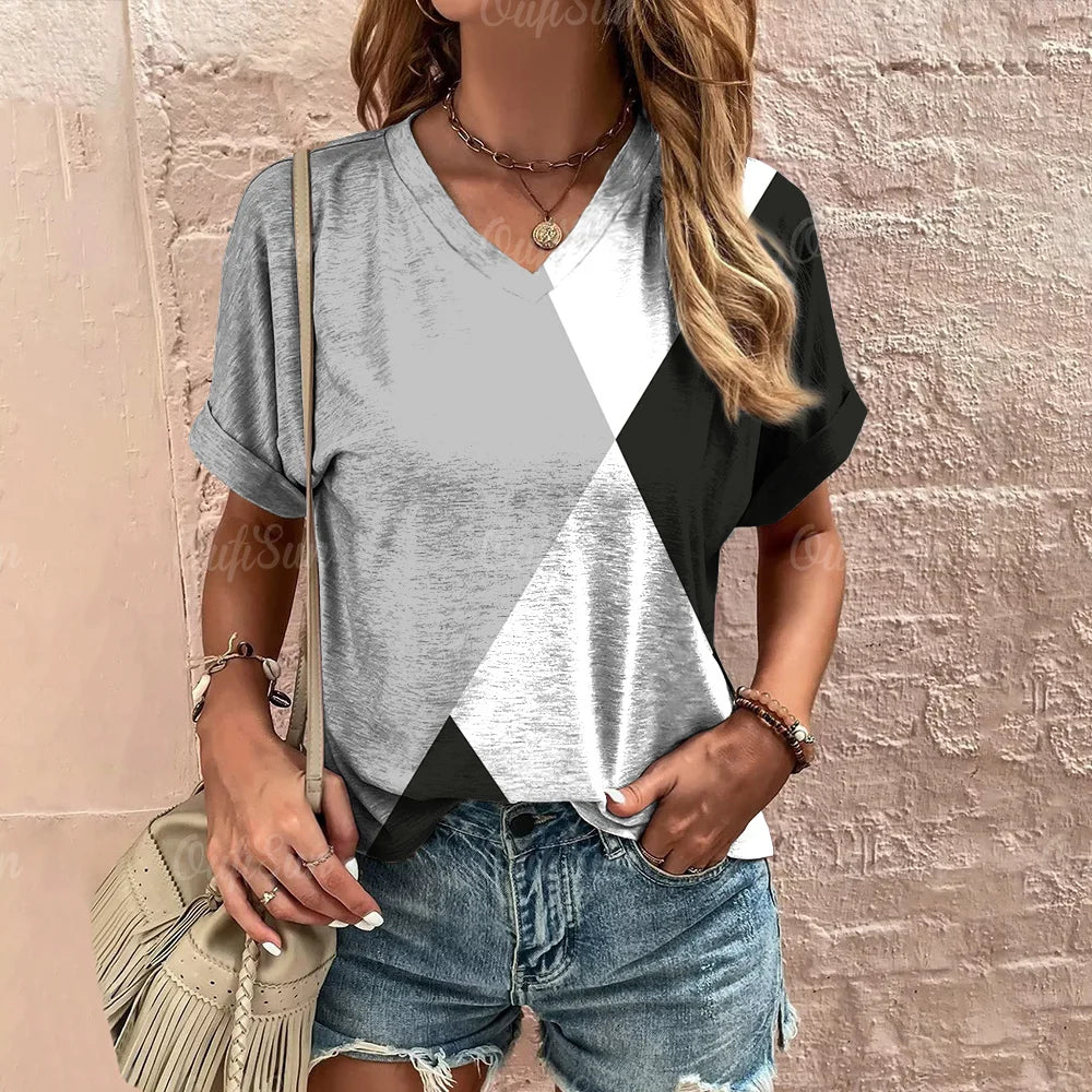 Camiseta xadrez com gola V feminina, moletom casua