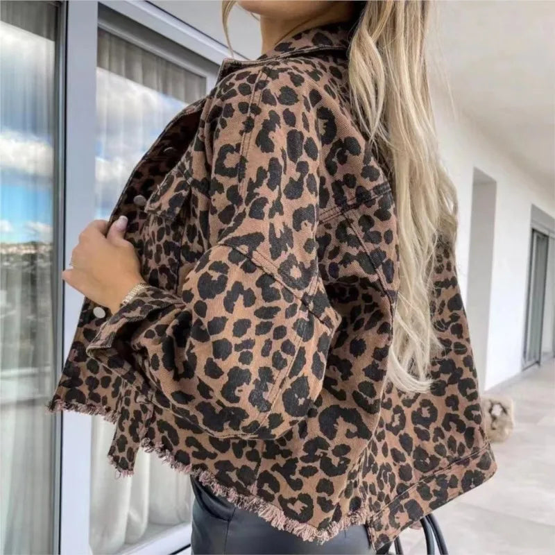 Casaco jeans vintage de leopardo para mulheres