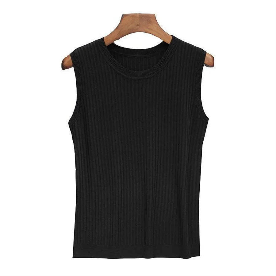 Blusa de verão sem mangas feminina, gola redonda