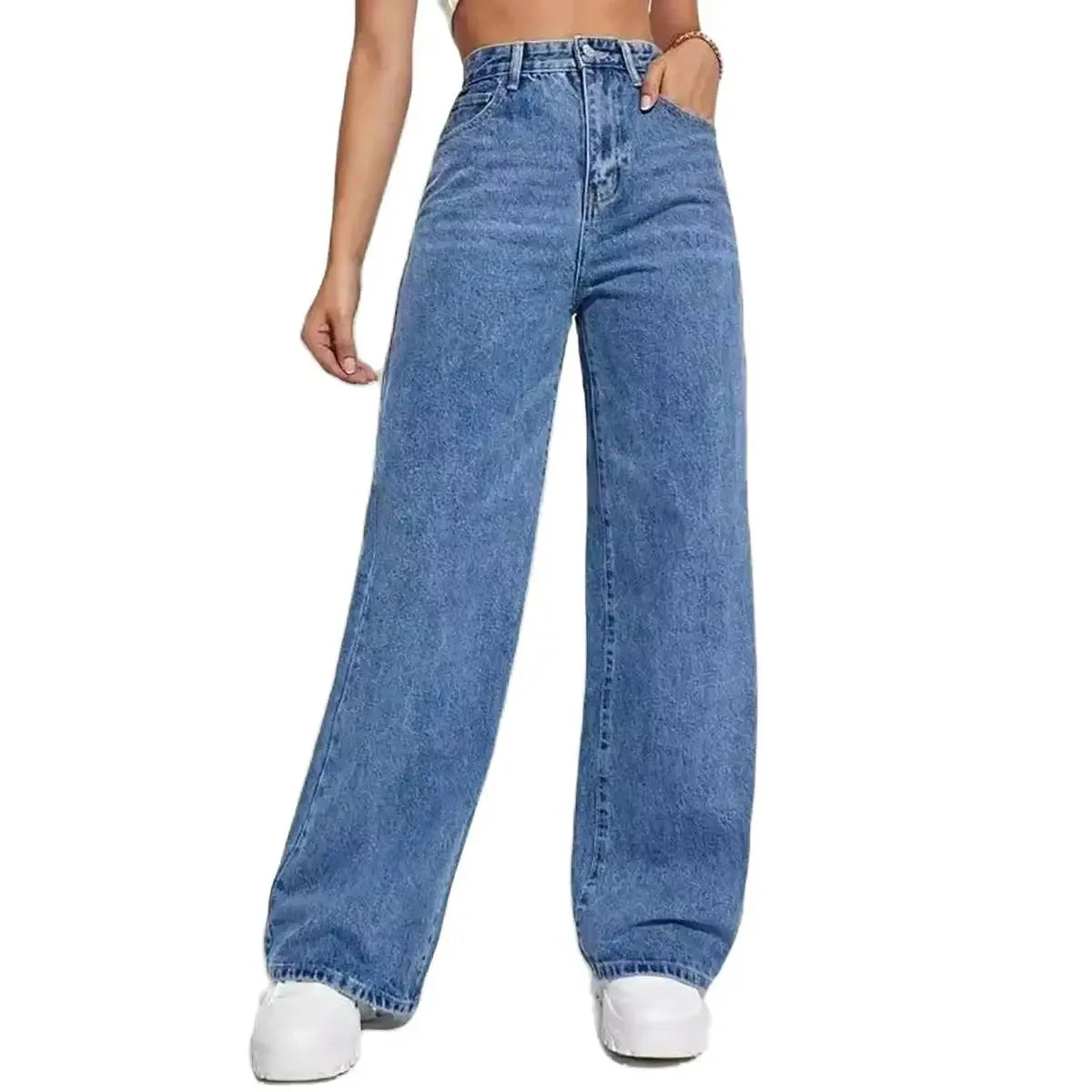 Calça jeans azul retrô da moda feminina