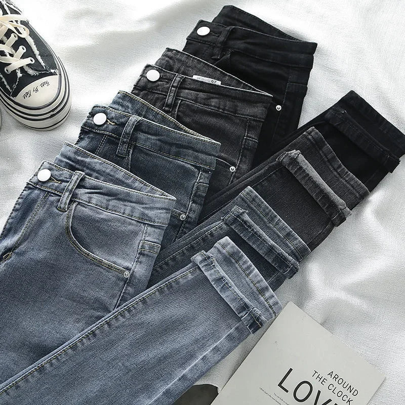 Lavagem leve 4 cores jeans feminino elegante senhora magro ajuste lápis calças novo estilo 2025 moda casual calças de cintura alta