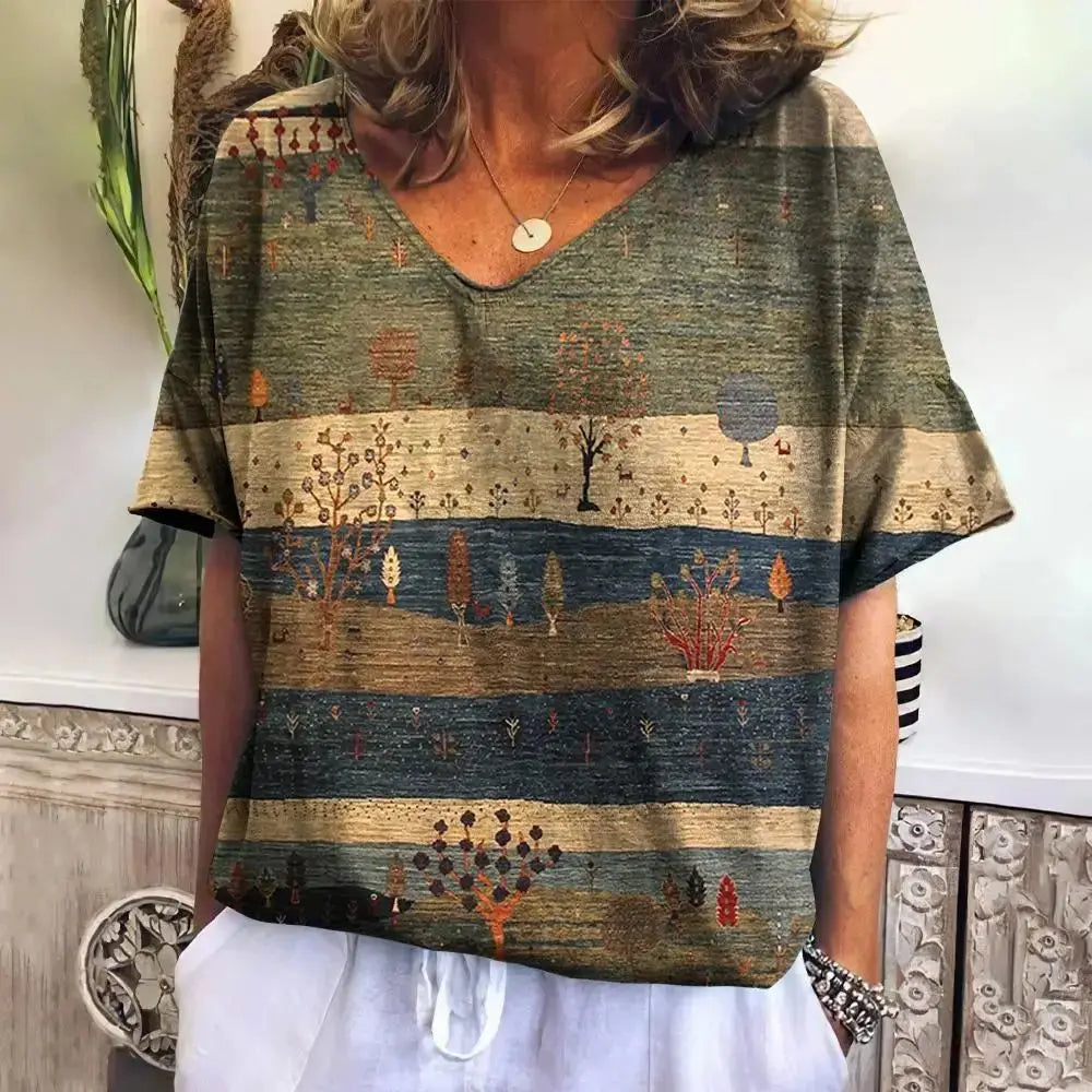 Camiseta xadrez com gola V feminina, moletom casua