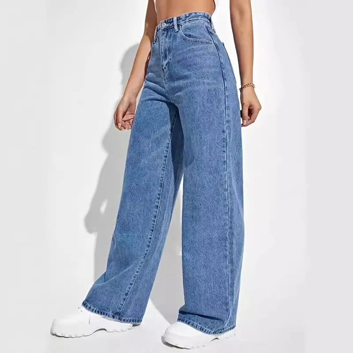 Calça jeans azul retrô da moda feminina