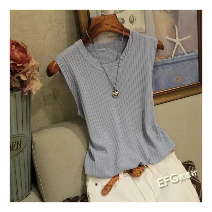 Blusa de verão sem mangas feminina, gola redonda