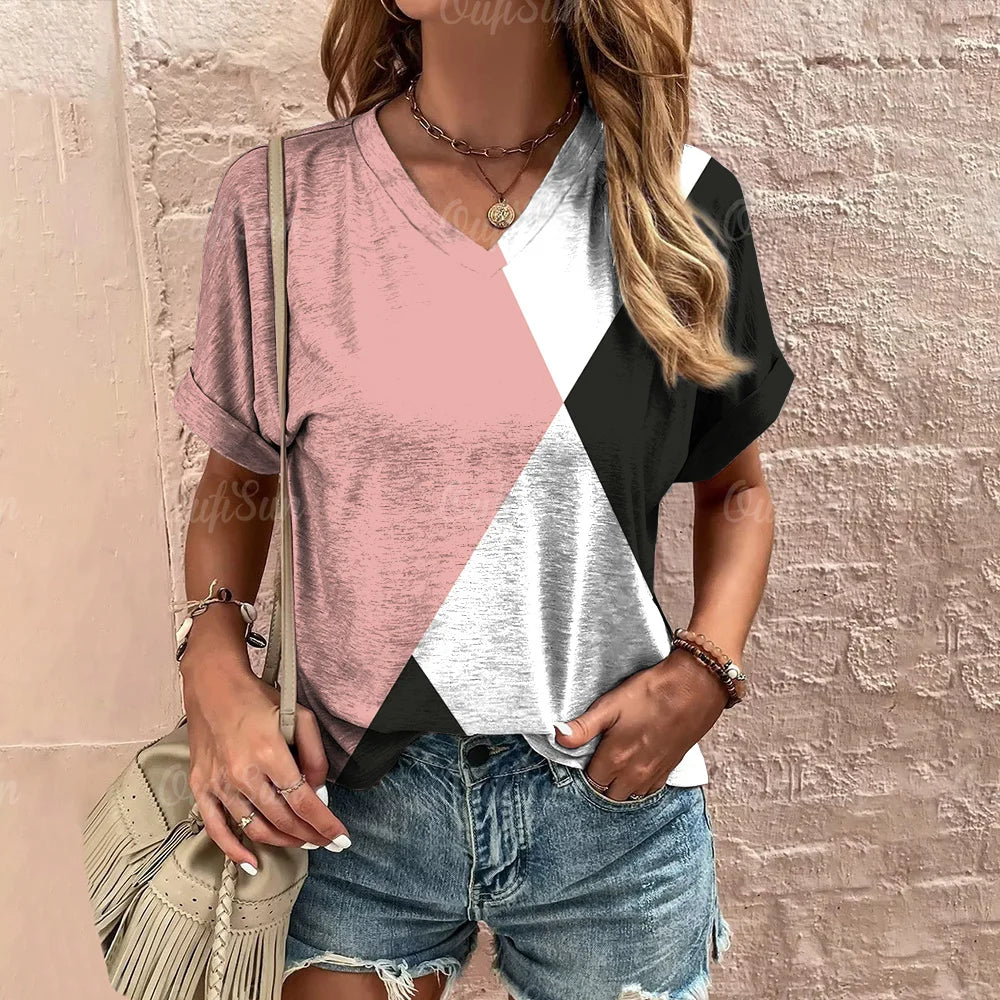 Camiseta xadrez com gola V feminina, moletom casua