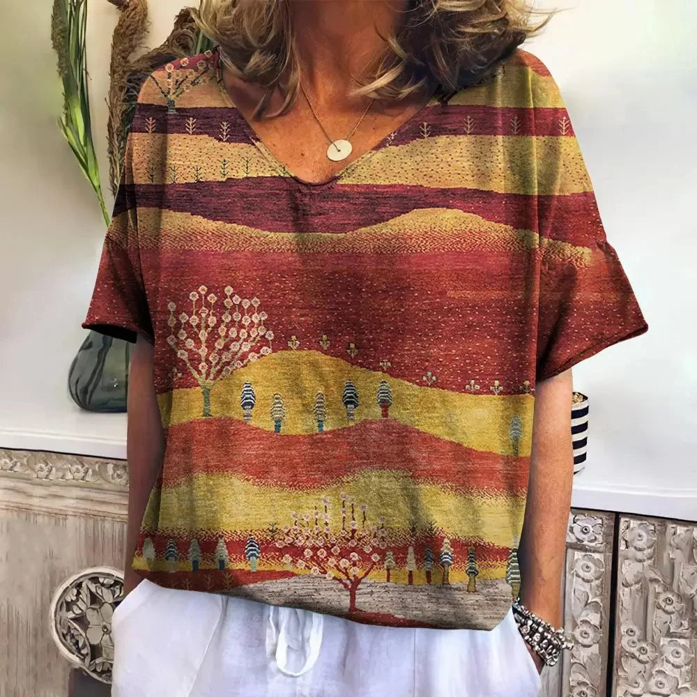 Camiseta xadrez com gola V feminina, moletom casua