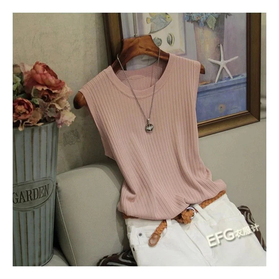 Blusa de verão sem mangas feminina, gola redonda