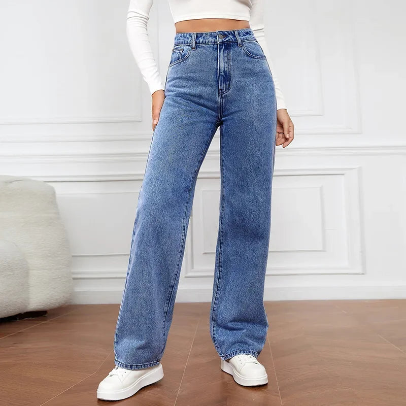 Calça jeans azul retrô da moda feminina