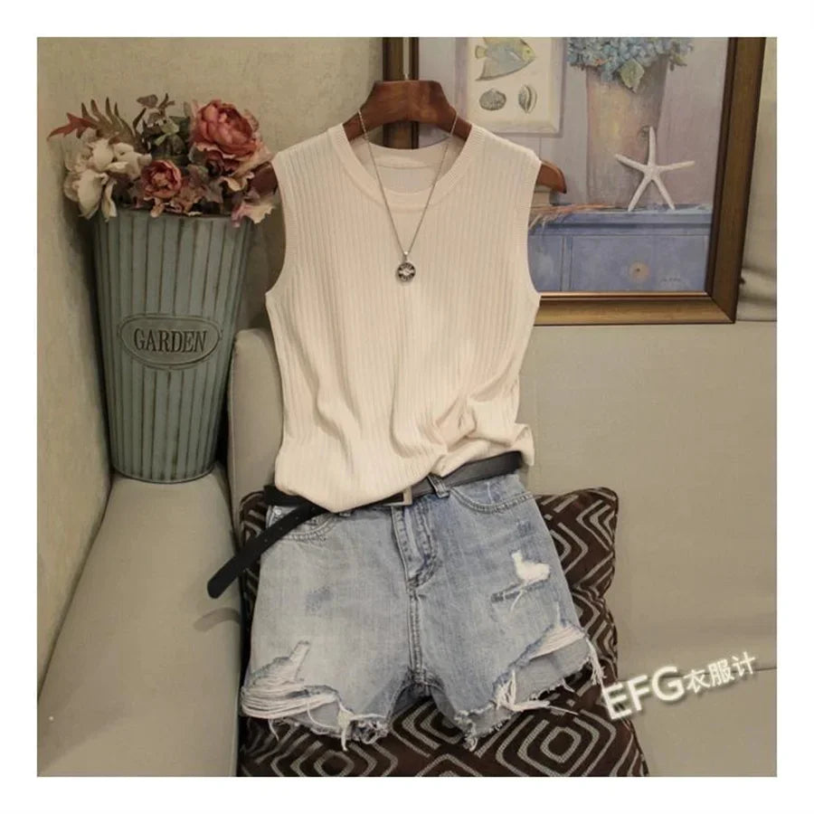 Blusa de verão sem mangas feminina, gola redonda