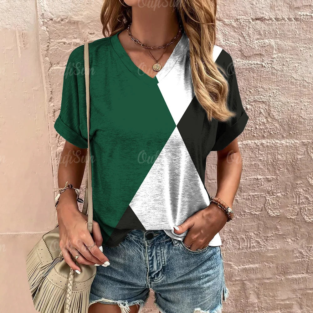Camiseta xadrez com gola V feminina, moletom casua