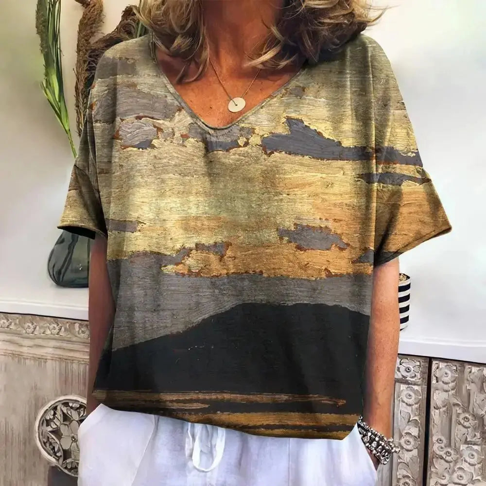 Camiseta xadrez com gola V feminina, moletom casua