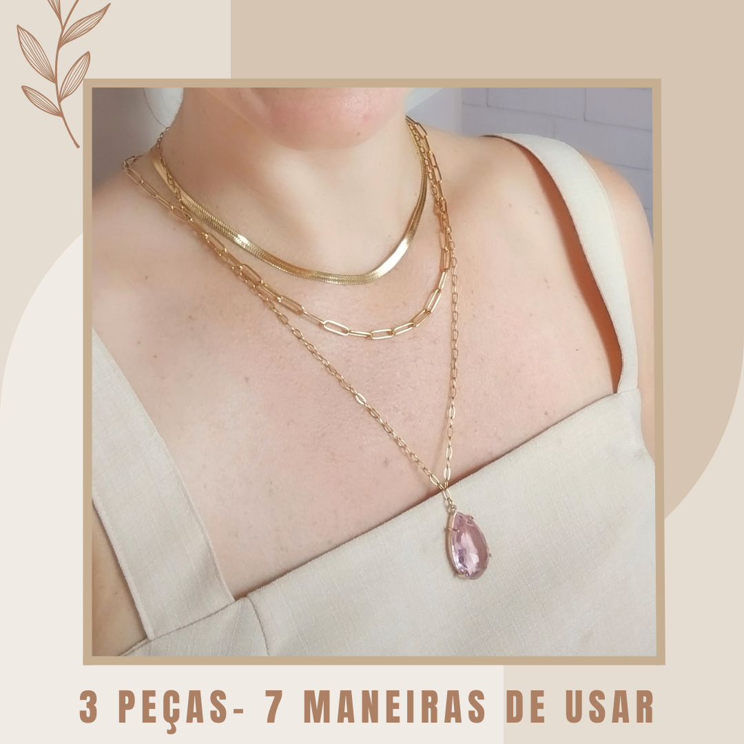 Mix Colar e Brincos Gota + Chocker Clipe + Chocker Fita (4 peças)