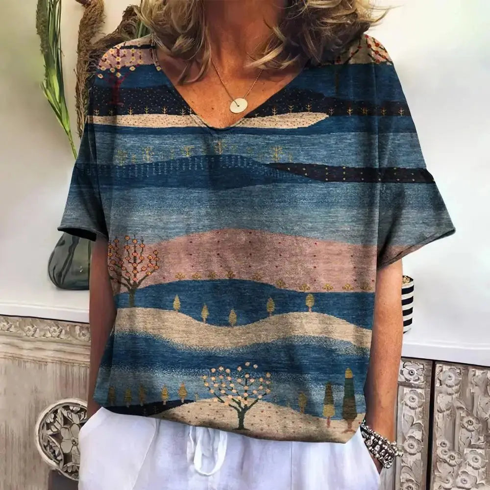 Camiseta xadrez com gola V feminina, moletom casua