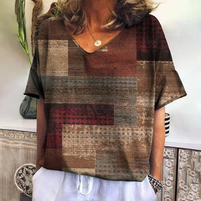 Camiseta xadrez com gola V feminina, moletom casua