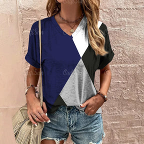 Camiseta xadrez com gola V feminina, moletom casua