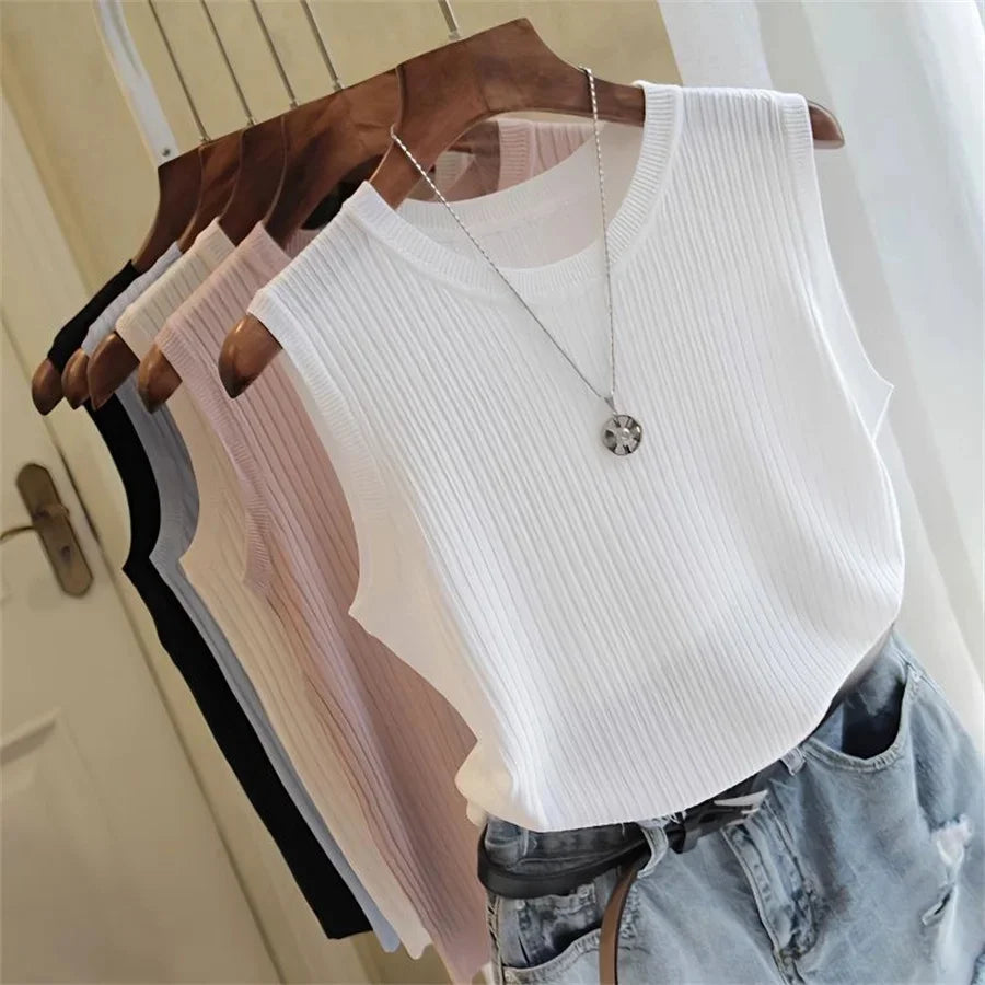 Blusa de verão sem mangas feminina, gola redonda