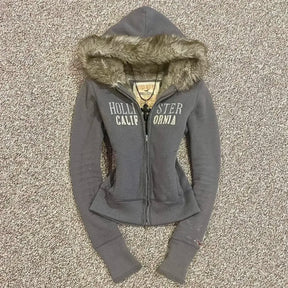 Jaqueta vintage casual com capuz e zíper
