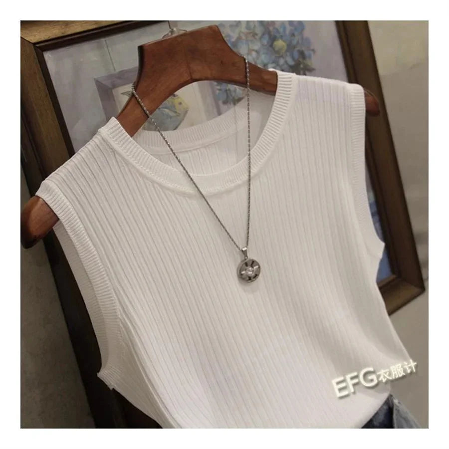 Blusa de verão sem mangas feminina, gola redonda