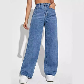 Calça jeans azul retrô da moda feminina
