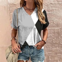 Camiseta xadrez com gola V feminina, moletom casua