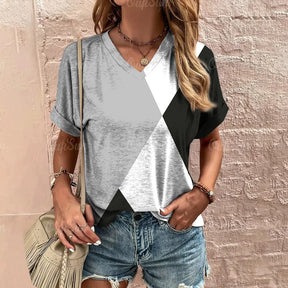 Camiseta xadrez com gola V feminina, moletom casua