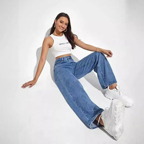 Calça jeans azul retrô da moda feminina