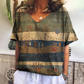 Camiseta xadrez com gola V feminina, moletom casua