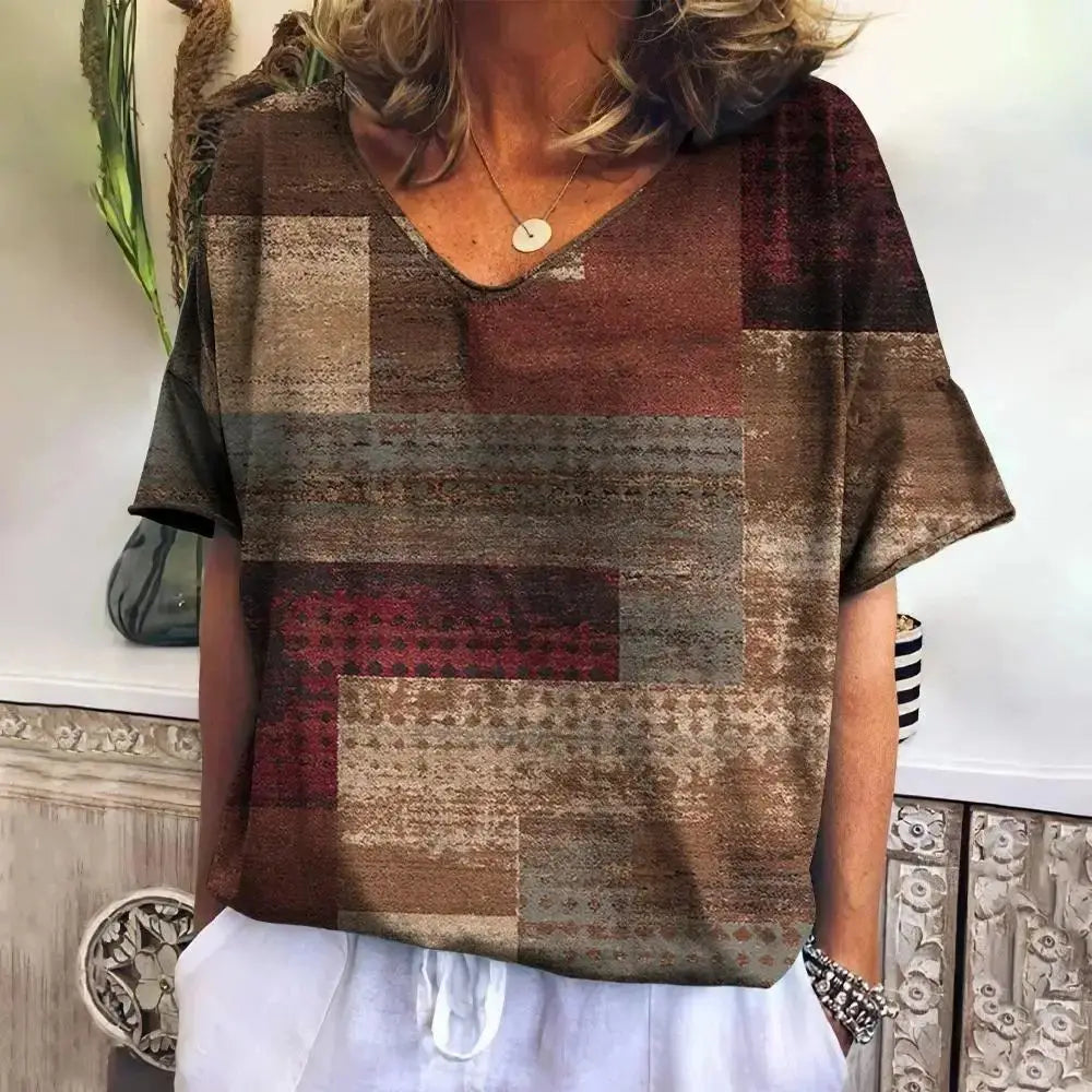 Camiseta xadrez com gola V feminina, moletom casua