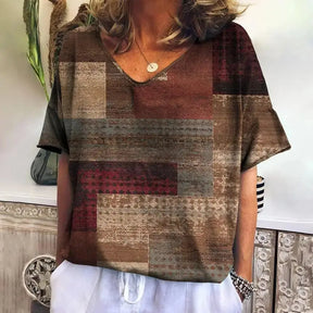 Camiseta xadrez com gola V feminina, moletom casua