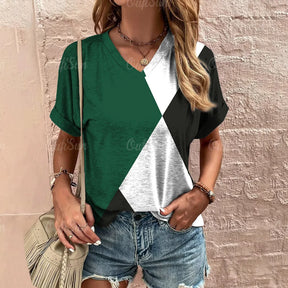 Camiseta xadrez com gola V feminina, moletom casua